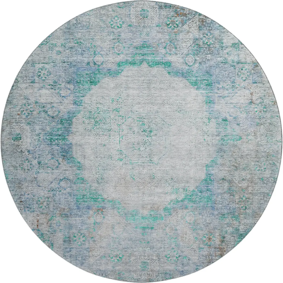 HomeRoots 655719 8 ft. Teal & Gray Dual-Color Classic Ethnic Full-Sized Oriental Washable Round Area Rug with UV Protection, Dual-Color Area Rugs, Classic Area Rugs