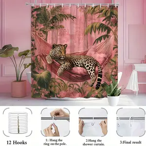 1pc Jungle Leopard Shower Curtain - Extra Large Bath Curtain with Leopard in Hammock & Tropical Foliage, Pink Floral Jungle Background, Machine Washable Polyester Fabric Bathroom Decor (70.8x70.8 Inches) - Includes 12 Hooks for Spa-Like Bathroom