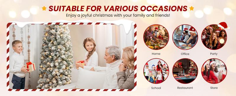 SHareconn 2025 4/ 5/ 6/ 7.5/ 9FT Pre-lit Snow Flocked Slim Christmas Tree with Warm White Lights & Dense Snow Flocked Branches, Ideal Pencil Tree Decoration