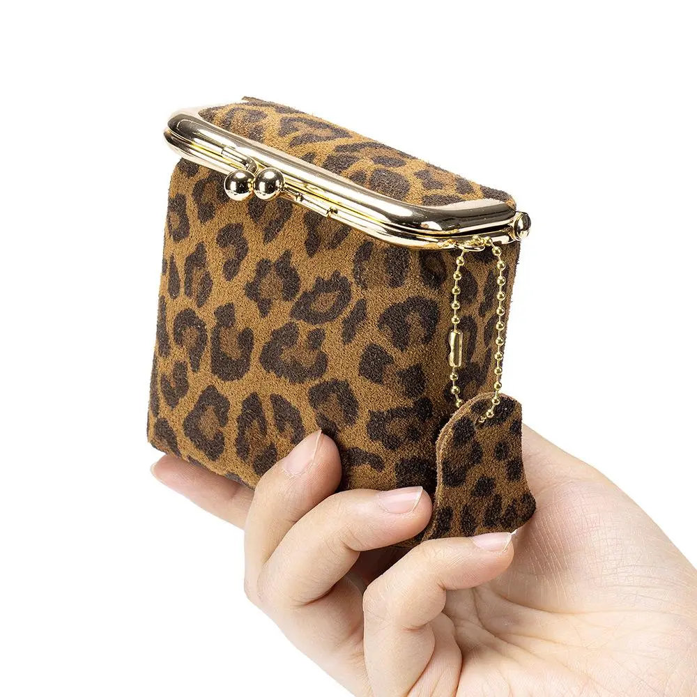 Women's Leopard Print Genuine Leather Kiss-Lock Mini Pouch, Vintage Coin Purse, Lipstick Holder, Small Cosmetic Bag for Daily & Travel Use