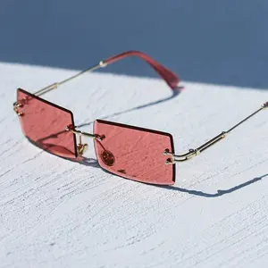 Rimless Red Tint Square Gold Frame Rectangular Hip Hop Fashion Sunglasses