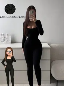 Women's Plus Size U-Neck Long Sleeve Bodysuit, Elastic Stretchy Tight-Fitting Jumpsuit for Fall & Winter Fashion, Womenswear