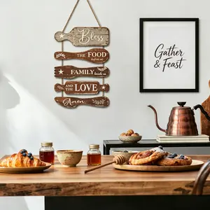 5Pcs Farmhouse Kitchen Wall Decor, Bless the Food Rustic Wooden Hanging Signs, Cookware Shaped Plaques for Country Dining Room