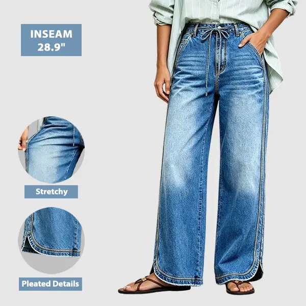Flamingals Wash Raw Hem Drawstring Split Mid Waist Wide Leg Jeans Stretchy 28.9'' Inseam Flamingals Wash Raw Hem Drawstring Split Mid Waist Wide Leg Jeans Stretchy 28.9'' Inseam