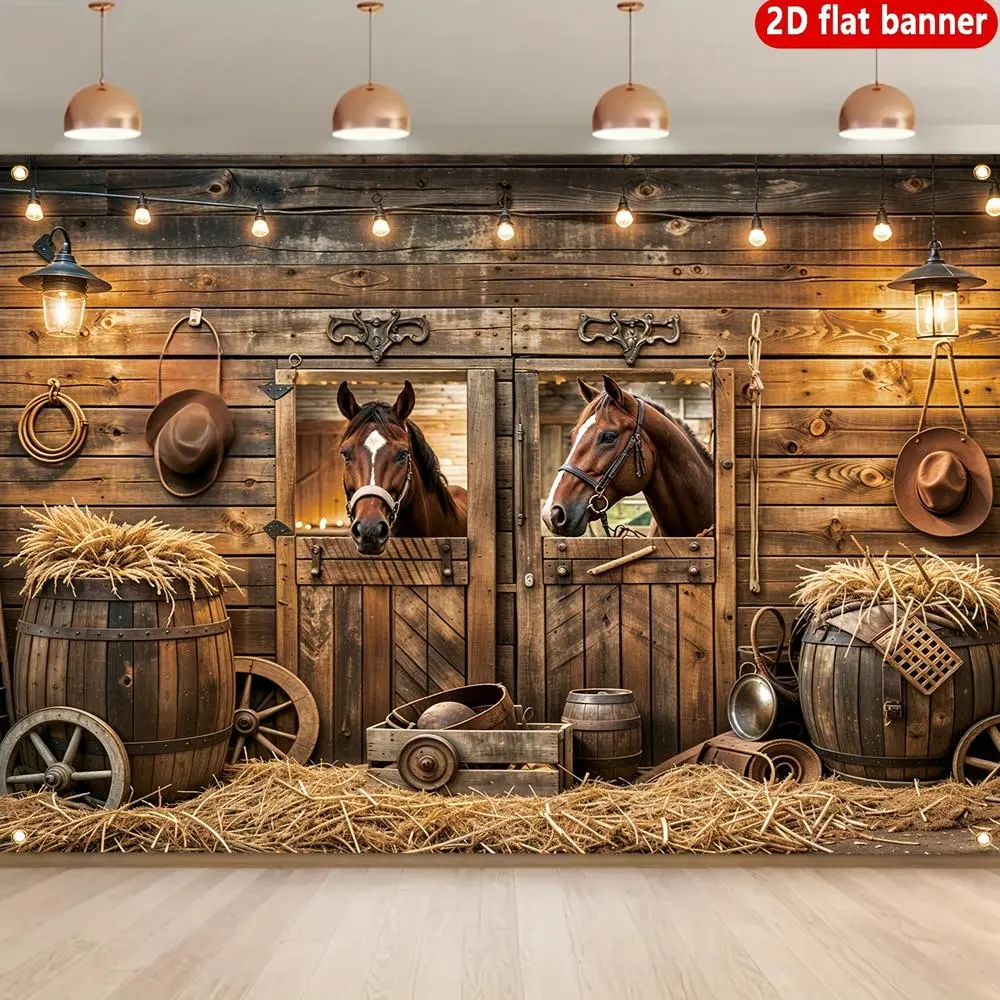 1pc Polyester Flat Western Cowboy Banner - Glam, Soft Texture, Horse Motif Decor, Durable Rustic Barn Ornament for Indoor/Outdoor Party Celebrations, White Textile Wall Accent with Lanterns, Hay Bales