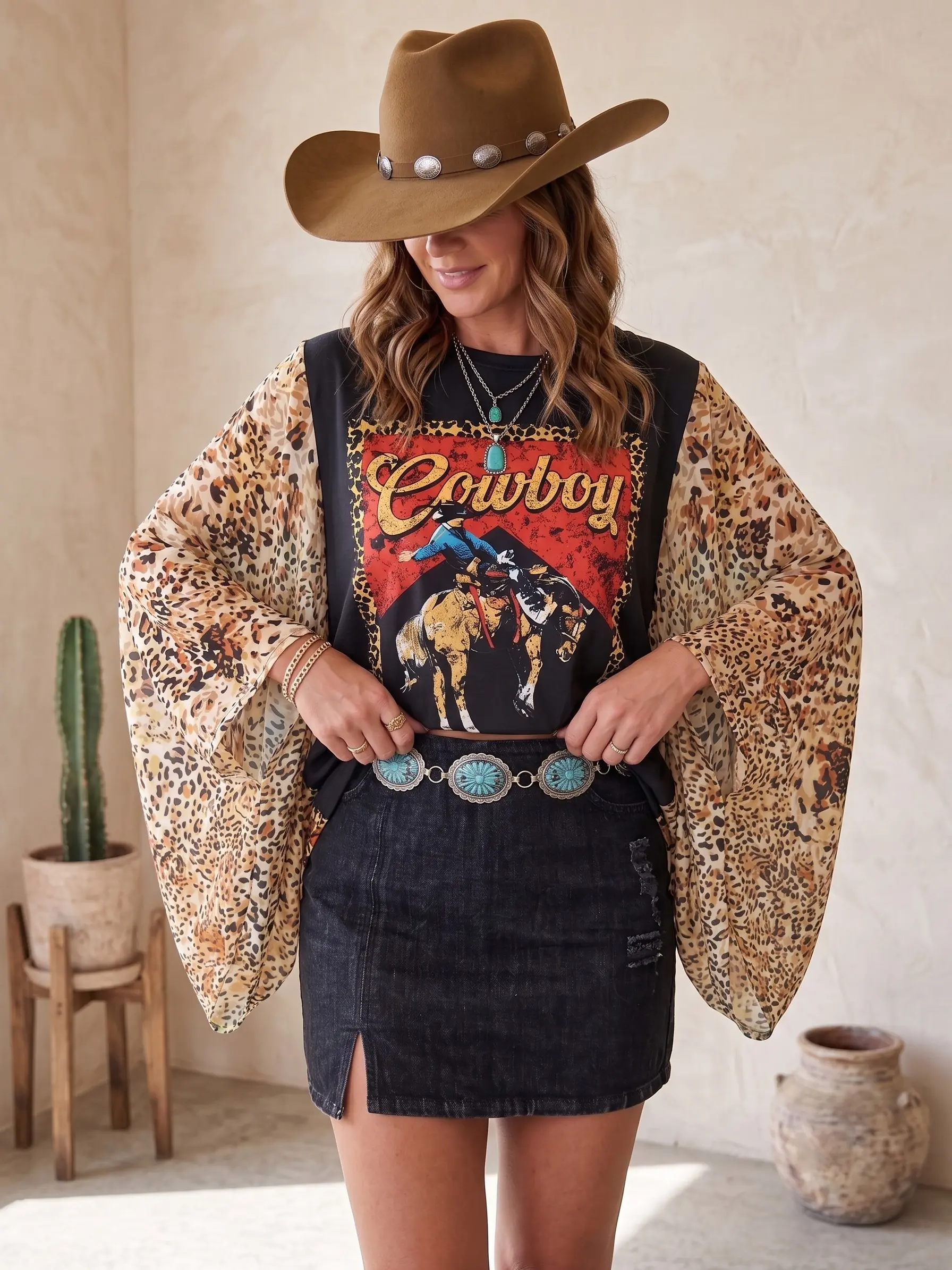 Chic Petal Women's Retro Rodeo Print T-Shirt - Contrast Leopard Textured Crepe Flowy Sleeve Blouse | Edgy Country OOTD
