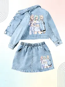 Girls' K-Pop Denim Jacket Fashion Light Blue Washed Collar Coat Sweet Cool Anime Girl Print Spring Fall School Trendy Top Set