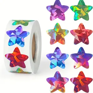 Holographic Star Stickers Roll, 500pcs Glossy Laser Multicolor, 1 Inch PVC Waterproof Adhesive Labels for School Classroom Teacher Supplies
