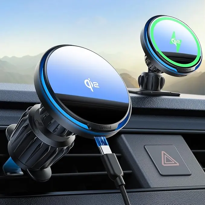 Lamicall 15W for QI2 Magsafe Car Mount Charger - 【RGB LED】360° Wireless Car Phone Holder Vent Dashboard, HandsFree Magnetic Phone Holder for Car Charging for iPhone 17 Air Pro Max Plus 16 15 14 13 12