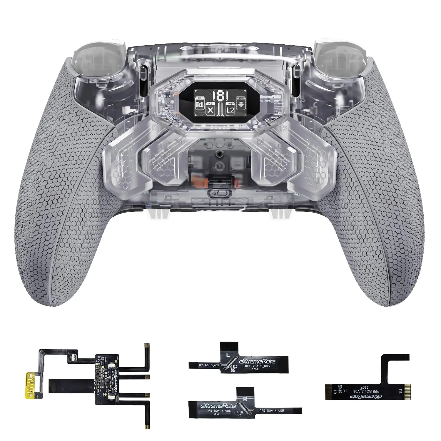 eXtremeRate BEYOND Back Paddles Kit for PS5 Edge Controller, OLED Display, Redesigned Ergonomic Rubberized Grips Bottom Shell, Remappable 4 Back Buttons Set for PS5 Edge Controller - Clear & Gray,techvibes