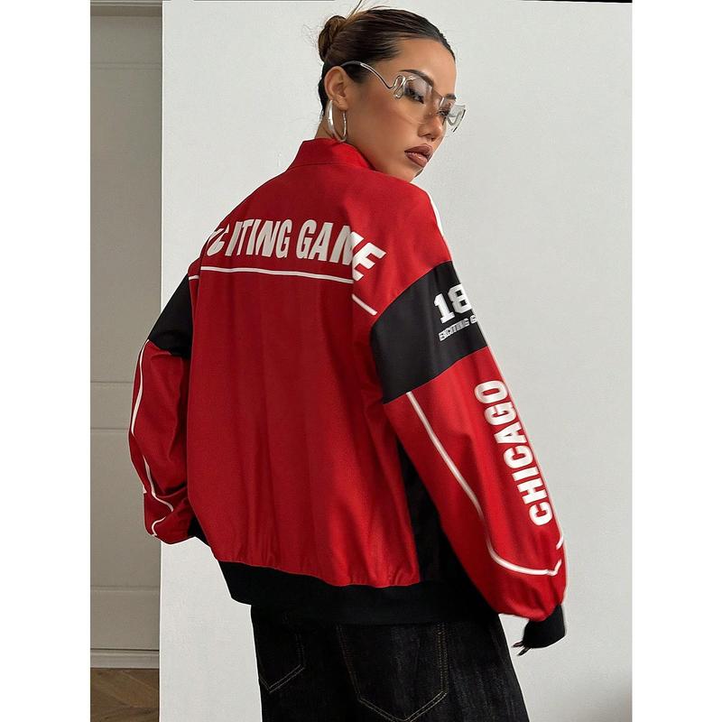 Spring Bomber Jacket Long Sleeve Zip Up Racing Jackets Color Block Y2k Outerwear Vintage Streetwear