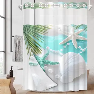 1PC/4PCS 2D Flat Printing Blue White Green Starfish Shell Pearl Patterned shower curtain, home bathroom decor, Bathroom Accessory, shower curtain set with 12 hooks, non-slip bathroom rug, U-shaped toilet seat cover, toilet seat mat.