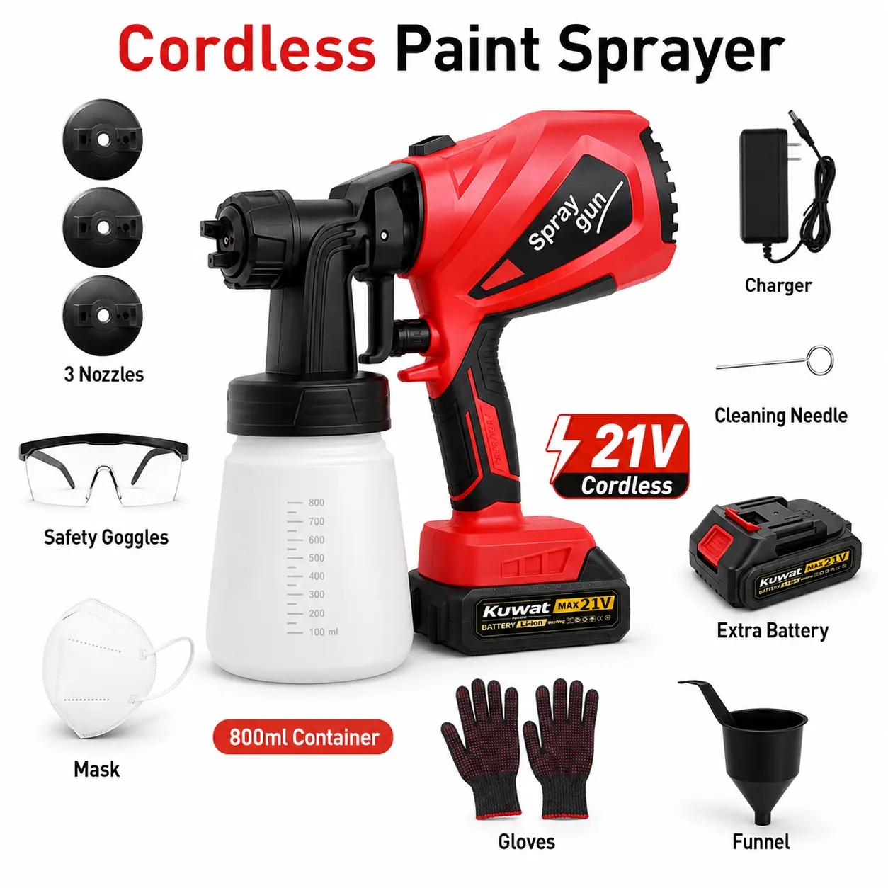 Kuwat Cordless HVLP Paint Sprayer, High-Efficiency Electric Spray Gun with 3 Spray Patterns, 800ml Paint Container and Adjustable Flow Control for Cars, Furniture, Fences and Home DIY Projects