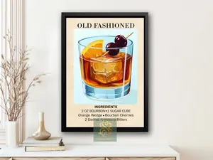 Old Fashioned Drink Canvas Print, Alcohol Poster Print, Bar Wall Art Decor