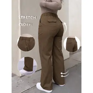 Women's High Waisted Cargo Pants, Stretch Elastic Waist Wide Leg Utility Pants with Pockets, Brown Casual Streetwear Trousers