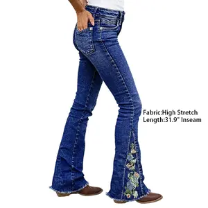 Flamingals Wash Floral Embroidered Raw Hem Mid Rise Bootcut Jeans Womenswear