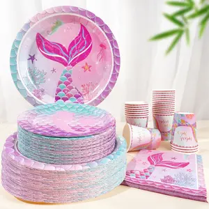 96PCS Mermaid Theme Birthday Party Supplies|Purple Blue Disposable Dinnerware Set|Plates Cups Napkins for 24 Guests|Ocean Princess/Celebration Decorations