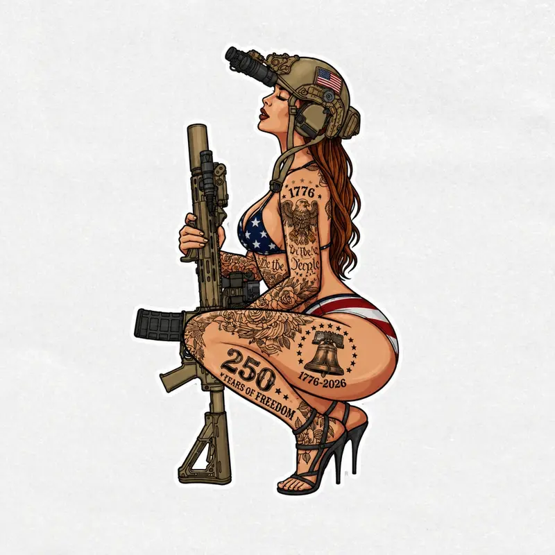 Patriotic Tactical Waifu Vinyl Sticker – 250 Years of Freedom 1776–2026, American Flag Pin-Up Girl Decal