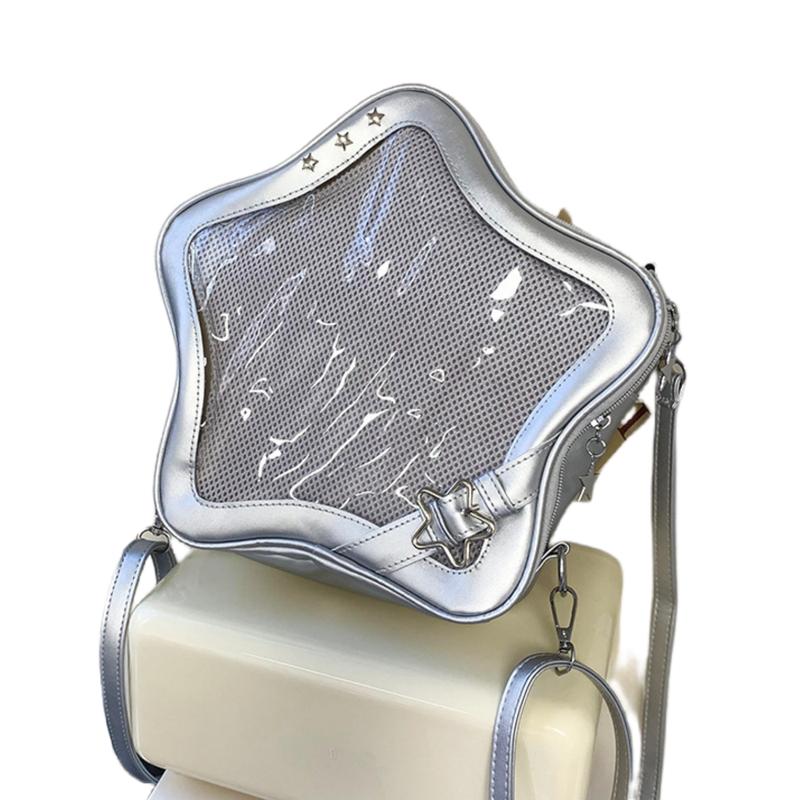 RIVERICH 3-Way Convertible Star-Shaped Ita Bag for Anime & K-Pop Fans, Multi-Strap Acrylic Display Backpack with Removable Shoulder Straps. This unique pentagram bag features a clear window to showcase your pins, charms, and collectibles