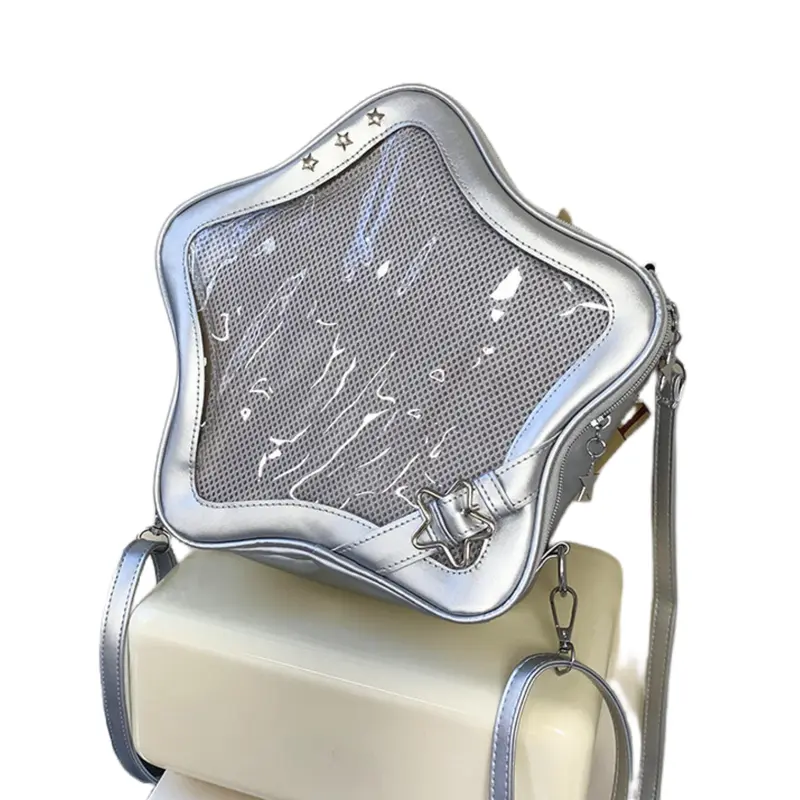 RIVERICH 3-Way Convertible Star-Shaped Ita Bag for Anime & K-Pop Fans, Multi-Strap Acrylic Display Backpack with Removable Shoulder Straps. This unique pentagram bag features a clear window to showcase your pins, charms, and collectibles