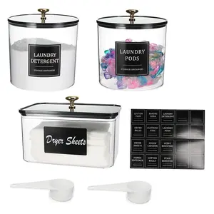 3/2 Pack Laundry Pods Container, Clear Laundry Room Organization Storage Box ,Large Acrylic Detergent Powder Storage Containers Black Lids & Labels, Dryer Sheet Holder, Laundry Organizer