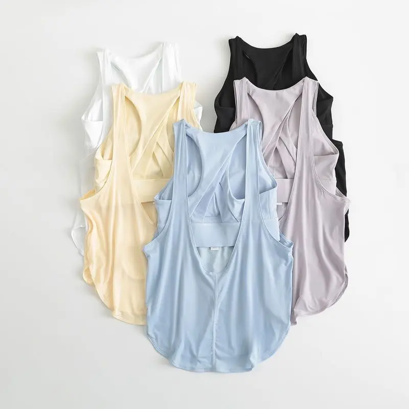 2-in-1 Sports Tank Top with Padded Bra, Shockproof Yoga Blouse, Loose Fit Summer Fitness Top for Running Gym Training