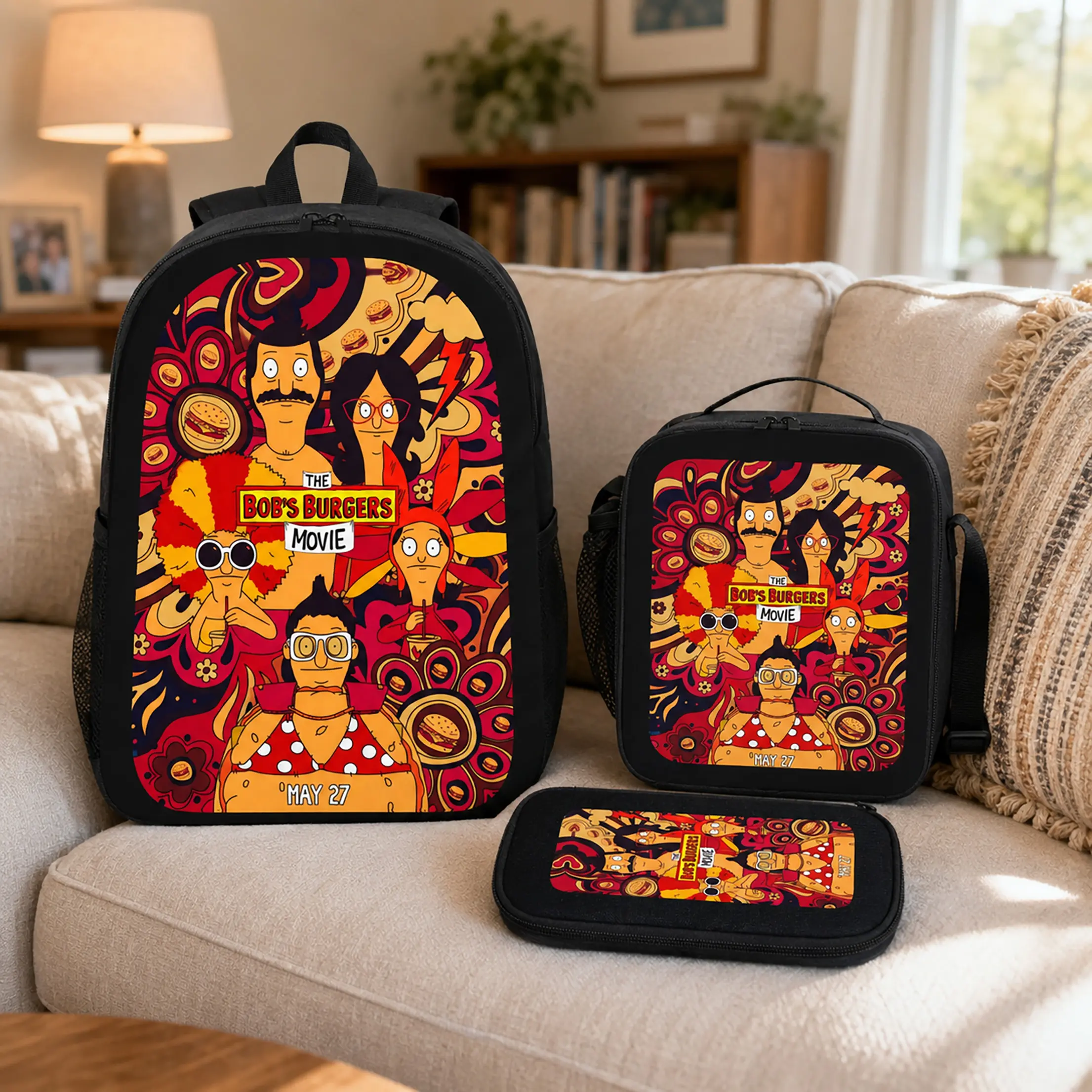 3-Piece Cartoon Art Backpack Set, Retro Vibe Durable Oxford Bag with Lunch Box & Pencil Case for Students, Large Capacity for Campus Life & Back to School Haul, Synthetic, Birthdays, Hamburger Graphic Backpacks, Cute, Great Back To School Gift, Lightweigh