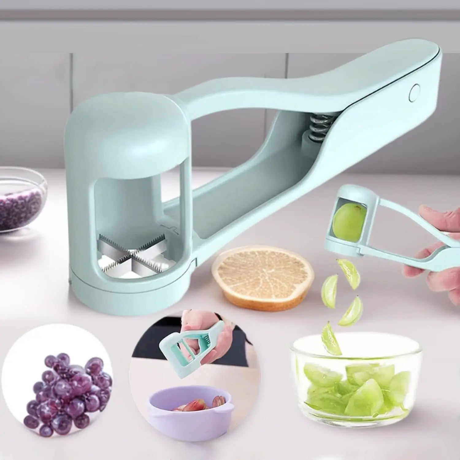 Grape Cutter,Grape Slicer Kitchen Gadget non-slip stainless steel，Stainless Steel Baby Grape Quarter Cutter Tool for Cherry Tomato Strawberry Salad Cake Decor, kid lunch ，  Durable Vegetable Slicer, Kitchenware