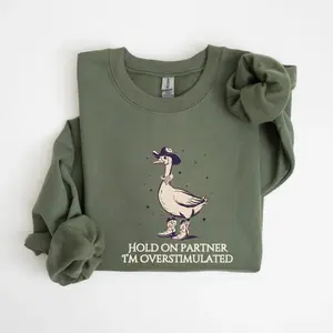 Hold On Partner Im Overstimulated Sweatshirt, Western Duck, Cowboy Duck Shirt Unhinged Sweatshirt, Cowboy Frog Shirt, Wierdcore Gift