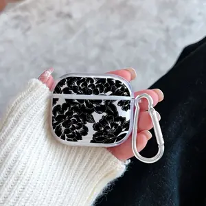 Black and White Garden Secret Pattern TPU Soft Protective Case for Apple AirPods 4/3/2/1/Pro/Pro2 Transparent Earphone Cover with Keychain Attachment