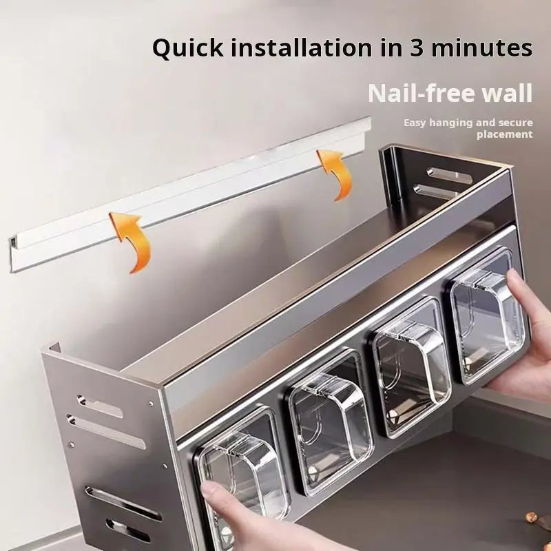 Kitchen Spice Rack No Drilling Multifunctional Condiment Can Storage Box Holder, Home Wall Mounted Spice Organizer, Durable & Space-Saving Design, Floating Shelf