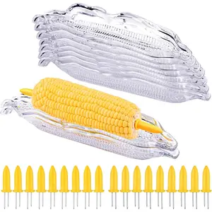 9 Pack Plastic Corn Trays Transparent Corn Dishes with 18 Pieces Stainless Steel Corn Holders on the Cob Skewers Cob Dinnerware