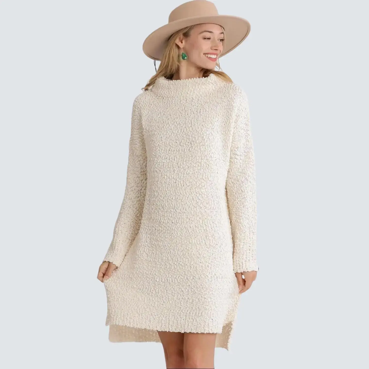 Karzza High Low Long Sleeve Boucle Sweater Dress Plus Size