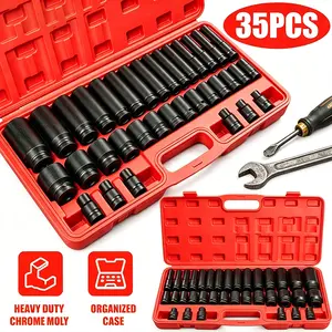 【SummerVibes】35pcs 1/2 Inch Drive Deep Impact Socket Tool Set Metric Garage Workshop Tools,Heavy Duty Impact Socket Set with Portable Case, Red