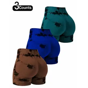 (New) Qfen Sporty Sports High-Waisted Seamless Shorts, Tie-Dye Fall Fashion, Gym Activewear, Breathable Mesh Fabric, Compression & Anti-Squat Design, All-Season Stretchy Wear, Sporty Sports Shorts