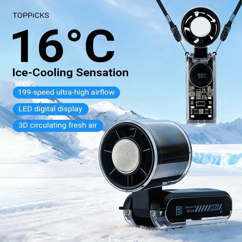 5-in-1 Portable Ice Cooling Fan, Foldable Handheld & Neck Hanging Fan with Semiconductor Cooling 199-Speed Stepless, Rechargeable Personal Fan for Travel, Camping, Outdoor Activities & Desk Use, Summervibes