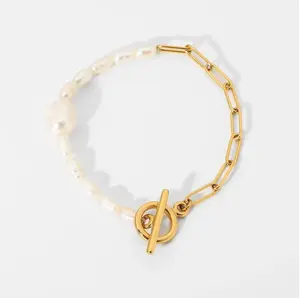 Lucy Baroque Pearl Bracelet Genuine Freshwater Pearl and Paperclip Chain accessories women