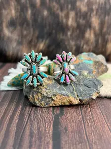 Handmade Sterling Silver Kingman Turquoise and Cotton Candy Adjustable Ring "Signed Nizhoni"