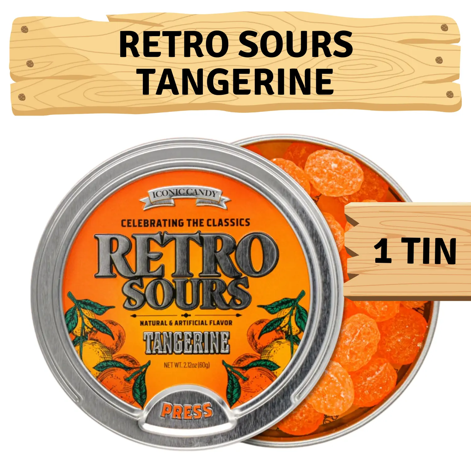 Retro Sours Tangerine Tin - 2.12oz Hard Tangy Candy - Tangerine Flavor - 1 Tin Sour