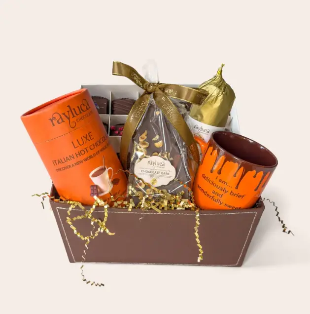 JOYFUL APPRECIATION GIFT BASKET, Vegan chocolate gift basket,one everything sampler box, one edible chocolate cookie dough roll, one Classic Italian Hot Chocolate, one customized coffee mug, one chocolate bark and the reusable basket