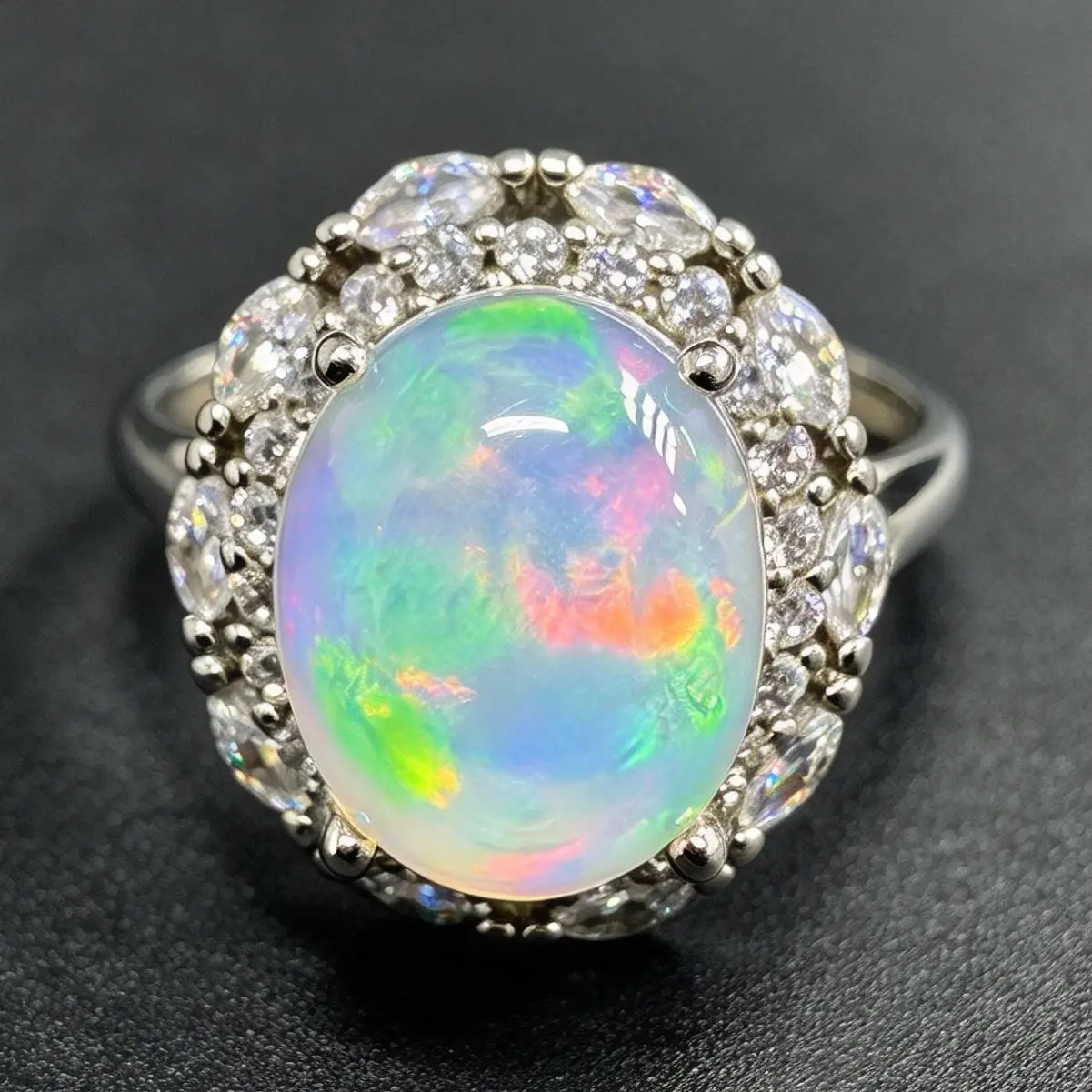 Oval Natural Opal 925 Sterling Silver Adjustable Ring, Halo Zircon Color Play Gemstone Ring