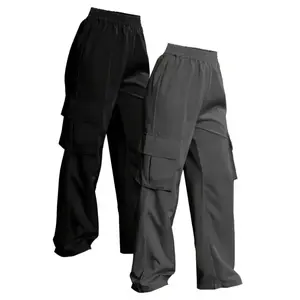 2 Pack Solid Color Cargo Pants - Casual Elastic Waist Wide Leg Flap Pockets - For Women - Suitable for Everyday Wear, work pants women