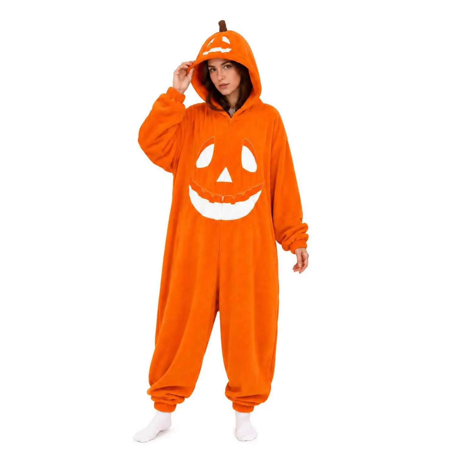 Halloween Pumpkin Onesie Pajamas Adult Cozy Hooded Costume, Soft Plush Pumpkin Jumpsuit Sleepwear for Women Men, Cute Halloween Party Outfit, 2026 Fall Loungewear