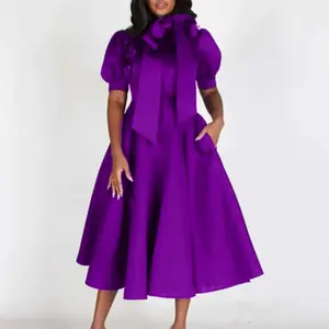 Elegant Purple Bow Collar Short Sleeve High Waisted Pleated Midi Dress for Women Formal Workwear Birthday Party Dresses