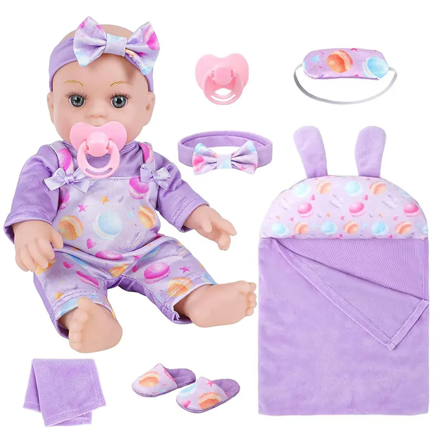 12-inch Reborn Dress Up Doll with Matching Purple Outfit, Sleeping Bag Set and Pacifiers, Dolls Gifts for Halloween, Christmas, Dress Up Dolls
