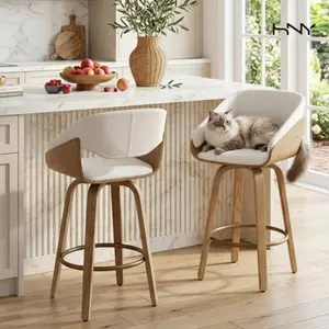 HNY Modern Maple 26" Swivel Counter Barstools Set of 2 - Mid-Century Beige Linen & Wood Barrel Seats for Kitchen Island, Round Footrest
