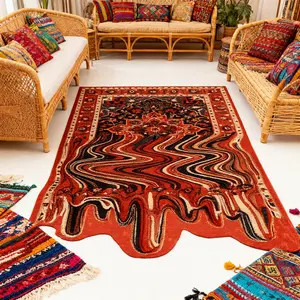 Trippy Melting Red Bohemian Area Rug,Art Vintage Style, Unique Atmosphere Living Room Rug, Luxury High-End Bedroom Decor, Home Decoration