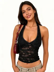 A women's black lace camisole, backless Halter neck V-neck cropped bodycon top, sexy and fashionable hot girl style, suitable for summer, daily outings, vacations, and other occasions.