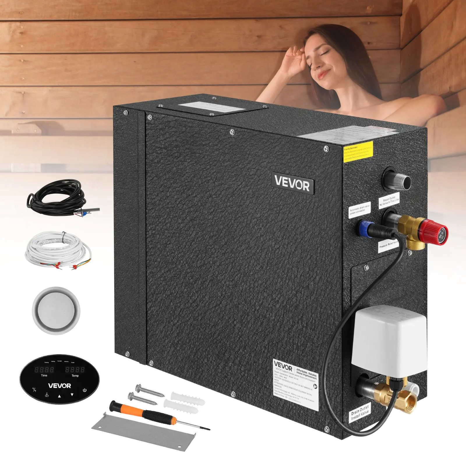 【Summerfinds】VEVOR 4 kW Portable Sauna Stainless Steel Steam Generator, Steam Shower System with Temp Control, Commercial Auto Drain Kit, Overheat/Dry-Run/Overpressure Protection, 10 Min-24h Efficiency, Black, Assembly Required for Home Bath Spa, Dry-Run