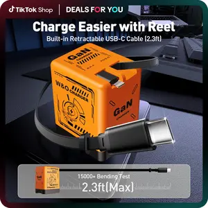 W&O 2-in-1 GaN  Compatible with 120W Fast Charger with Retractable Type-C and ligtning Cable | Portable Adapter for iPhone 16, iPad, MacBook,  Multi-Device Fast Charging, Folding Charing